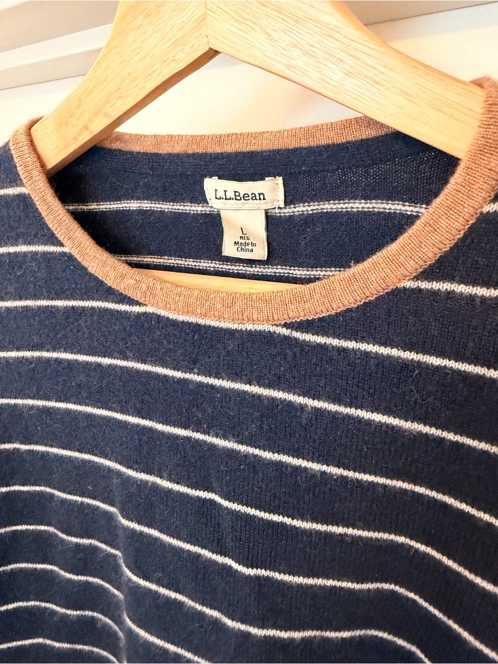 L.L. Bean Large Navy Stripe Crewneck Sweater with Tan Trim